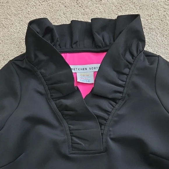 NWOT Gretchen Scott Designs Black Jersey Ruffleneck 3/4 Sleeve Top - Picture 2 of 5